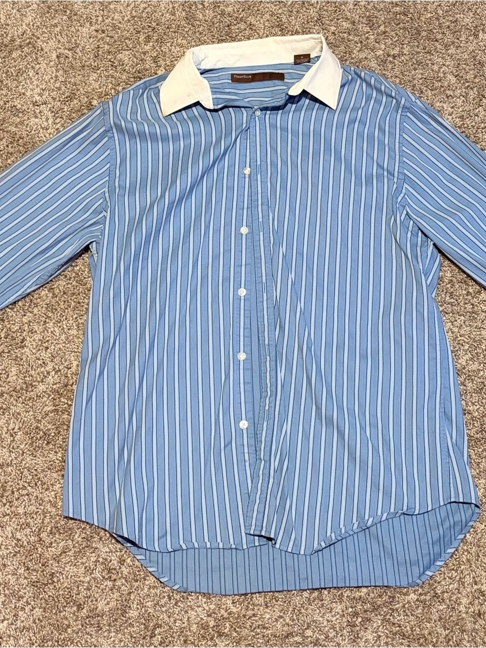 Perry Ellis Classic Blue Stripe Button-Down Shirt with White Collar - Men